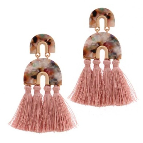 marble acetate earrings Pink Half Circle tassel - Picture 3 of 8